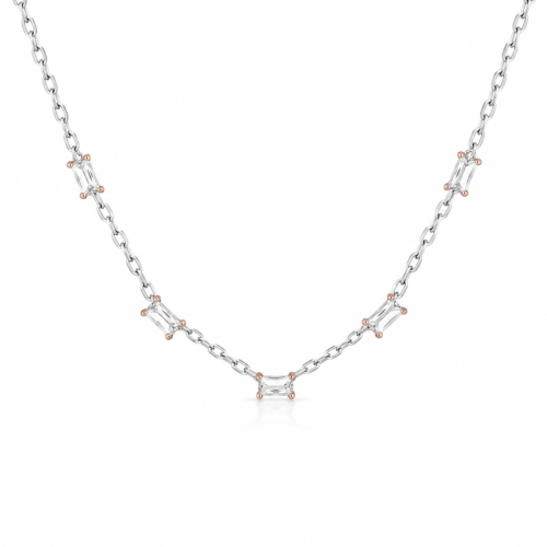 Baguette Crystal Necklace Rhodium plated with Rose gold prongs 42+5cm