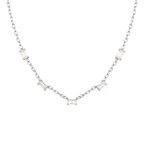 Baguette Crystal Necklace Rhodium plated with Yellow gold prongs 42+5cm