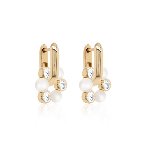Pearl Crystal charm Link earrings Yellow gold plated