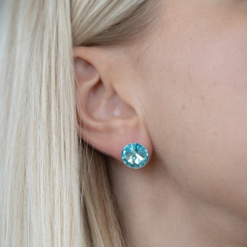 Round Stone Stud Earrings Rhodium plated Aquamarine