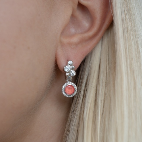Sparkling Round Stone Earrings Rhodium plated Light Coral