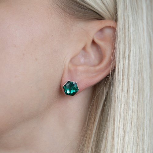 Fantasy Hexagon Stud Earrings Rhodium plated Emerald