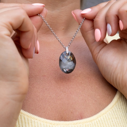 Oval Crystal Pendant Rhodium plated Silver Night